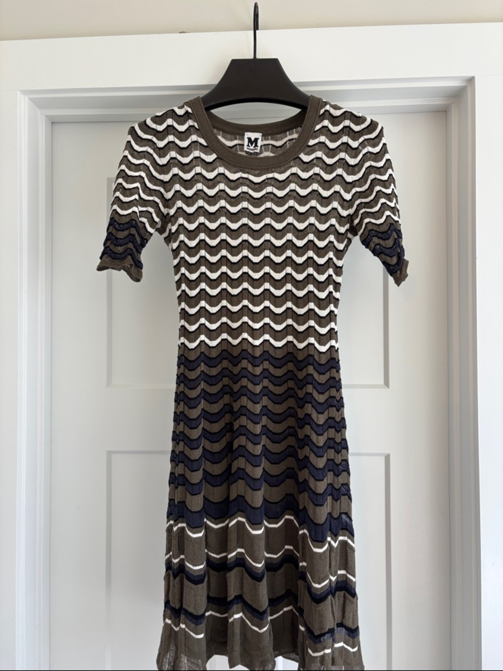 M by Missoni Wave Knit Short Sleeve Dress - Olive, Navy & White